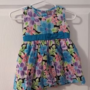 Girls Floral Sleeveless Dress with Teal Bow